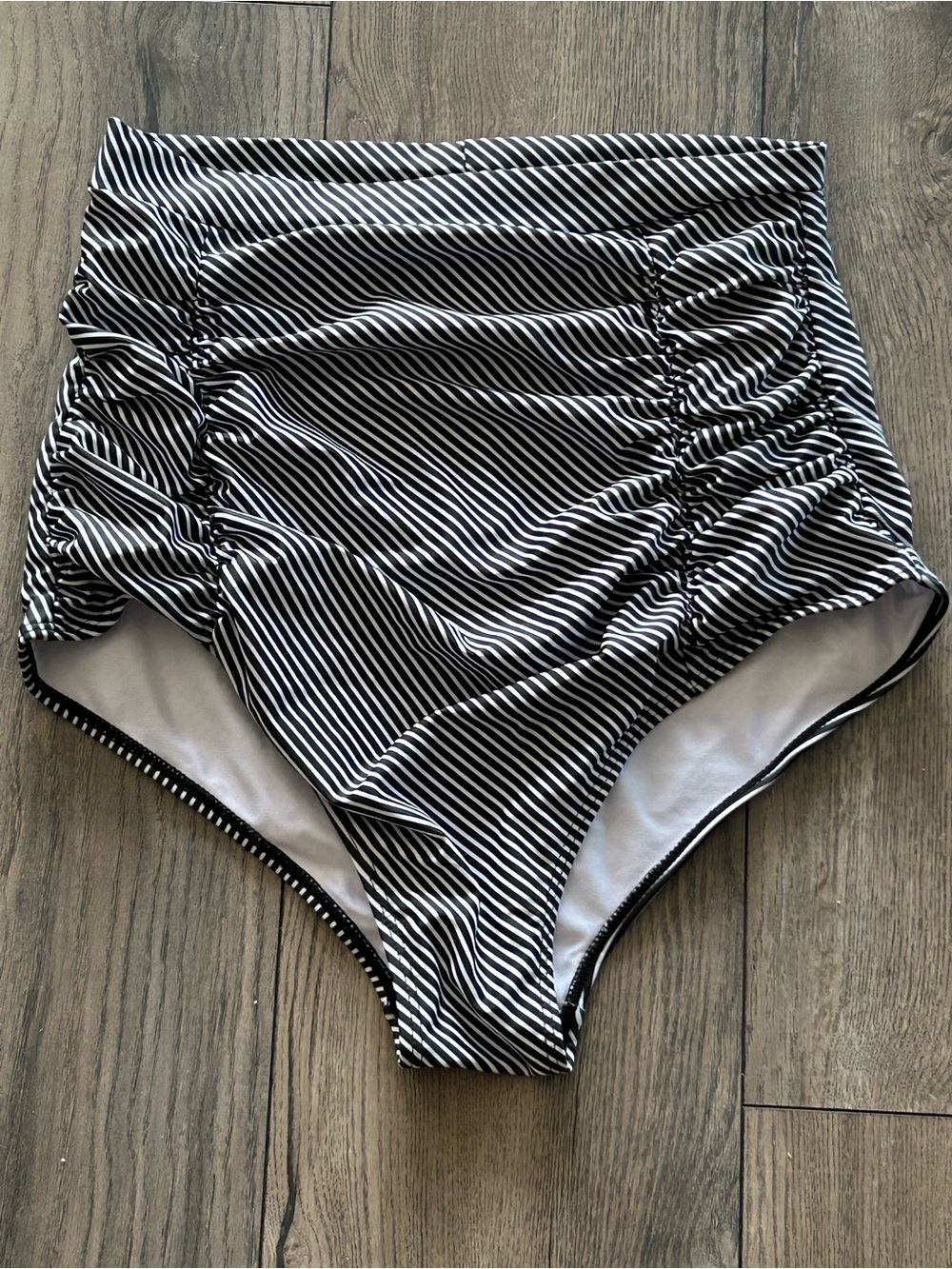Women’s Cocopear Retro High-Waist Ruched Black & White Striped Bikini Bottom